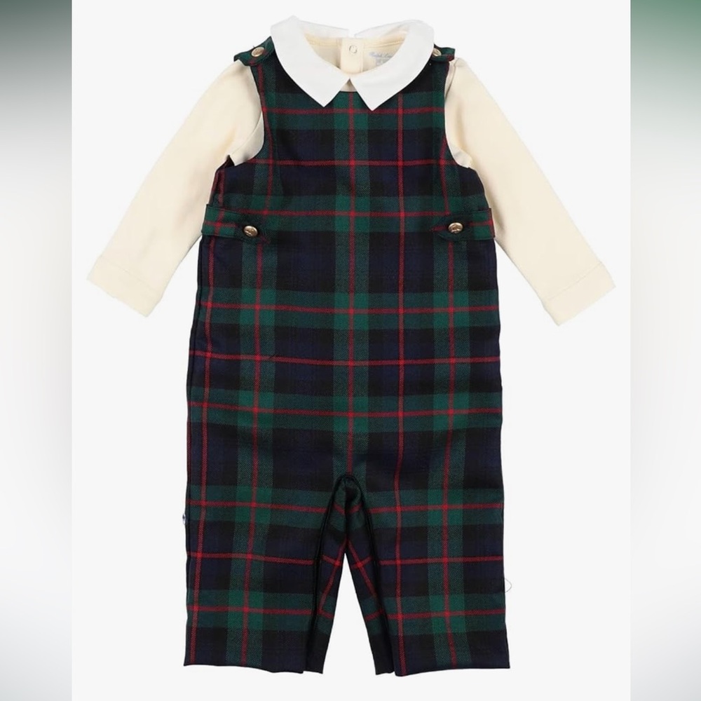Ralph Lauren Baby Boy Tartan Overall Set with collared shirt